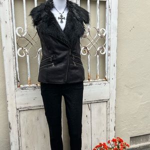 Members Only Black Faux Leather Faux Fur Super Cool Vest Size “S” Like New